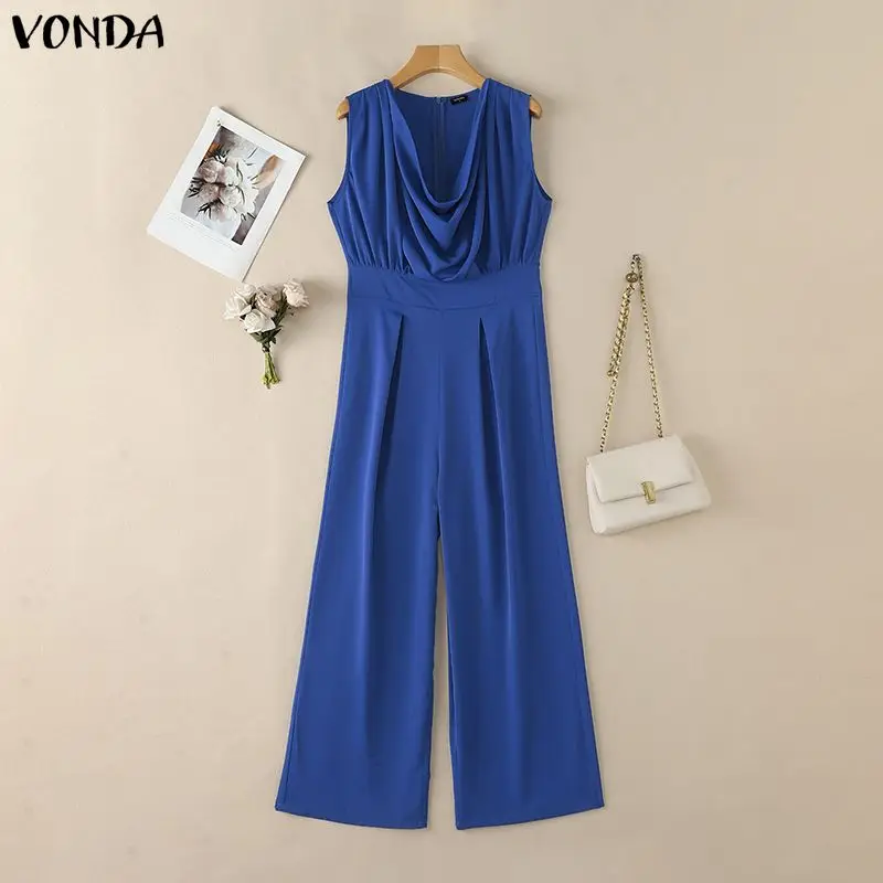 Summer Women Jumpsuits VONDA Sleeveless Fashion Wide Leg Jumpsuits Rompers Playsuit Elegant OL Work Overalls Solid Trousers 4
