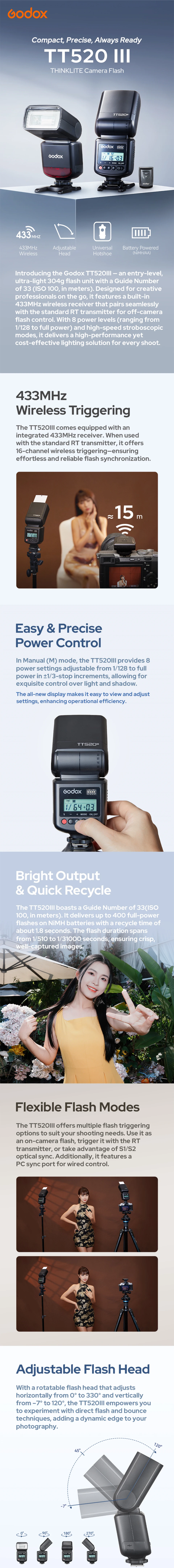 Godox TT520 III Thinklite Camera Flash 443MHz Wireless Triggering with Flash Tri