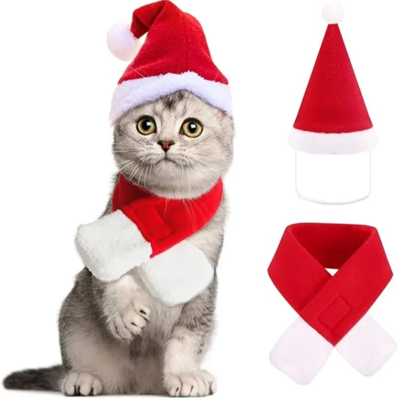 Pet Christmas Costume Santa Hat and Scarf for Small Dogs and Cats