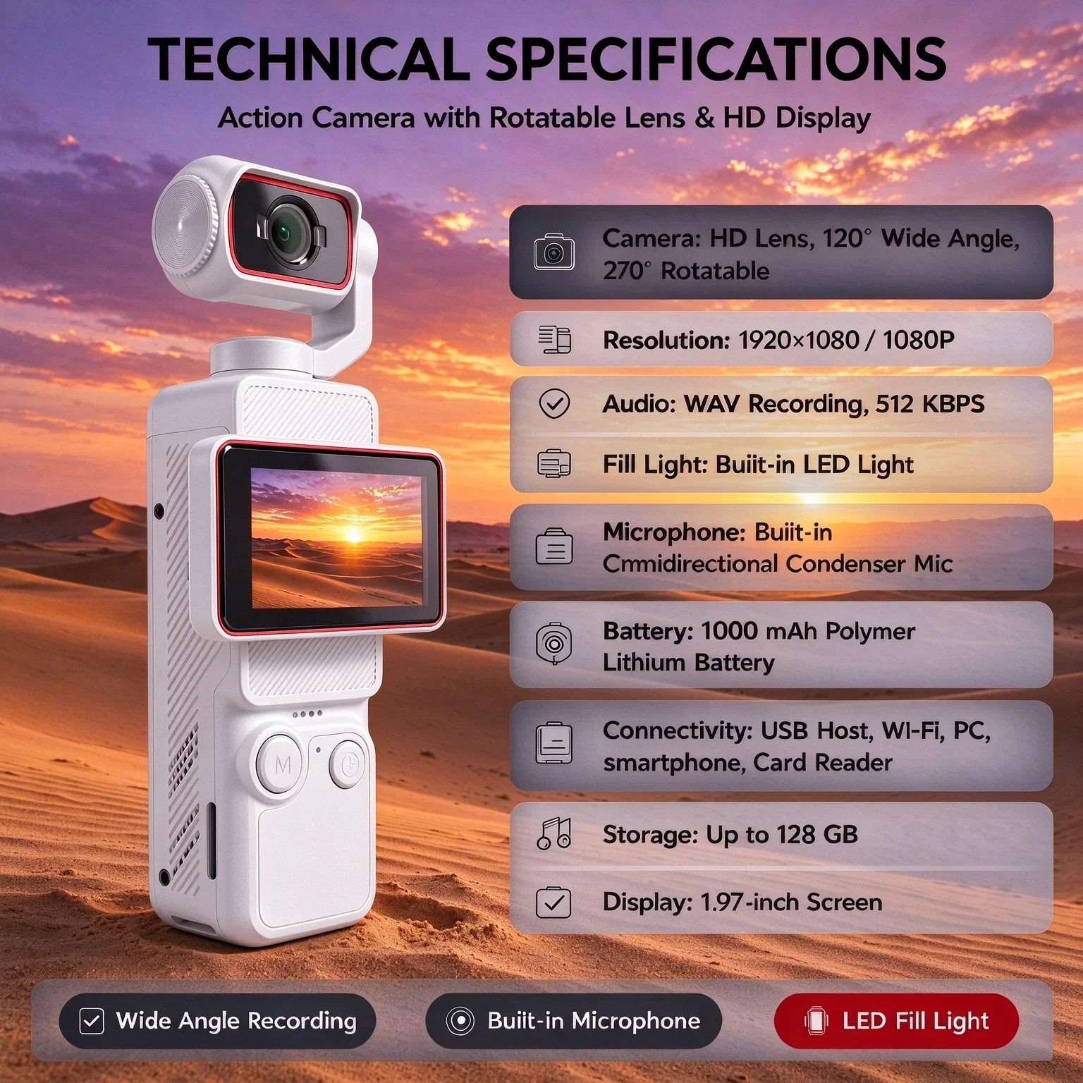 Pocket Handheld Vlog Camera , 270° Rotatable 120° Wide Angle Lens Built-in Fill Light Mic, WiFi Sports Action Cam 1000mAh B