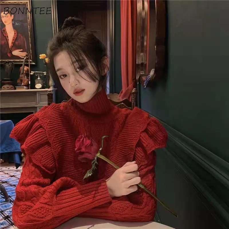 

Red Turtleneck Sweaters Women Cropped Vintage All-match Ruffles Designed Sweetheart Knitwear Streetwear Ulzzang Harajuku Simple