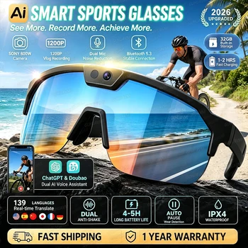 Nuovi Occhiali Sportivi Smart AI 2026 con Fotocamera 800W, Registrazione Vlog HD 1200P, Anti-vibrazione, Traduzione Vocale AI ChatGPT, 32GB, Occhiali Antivento