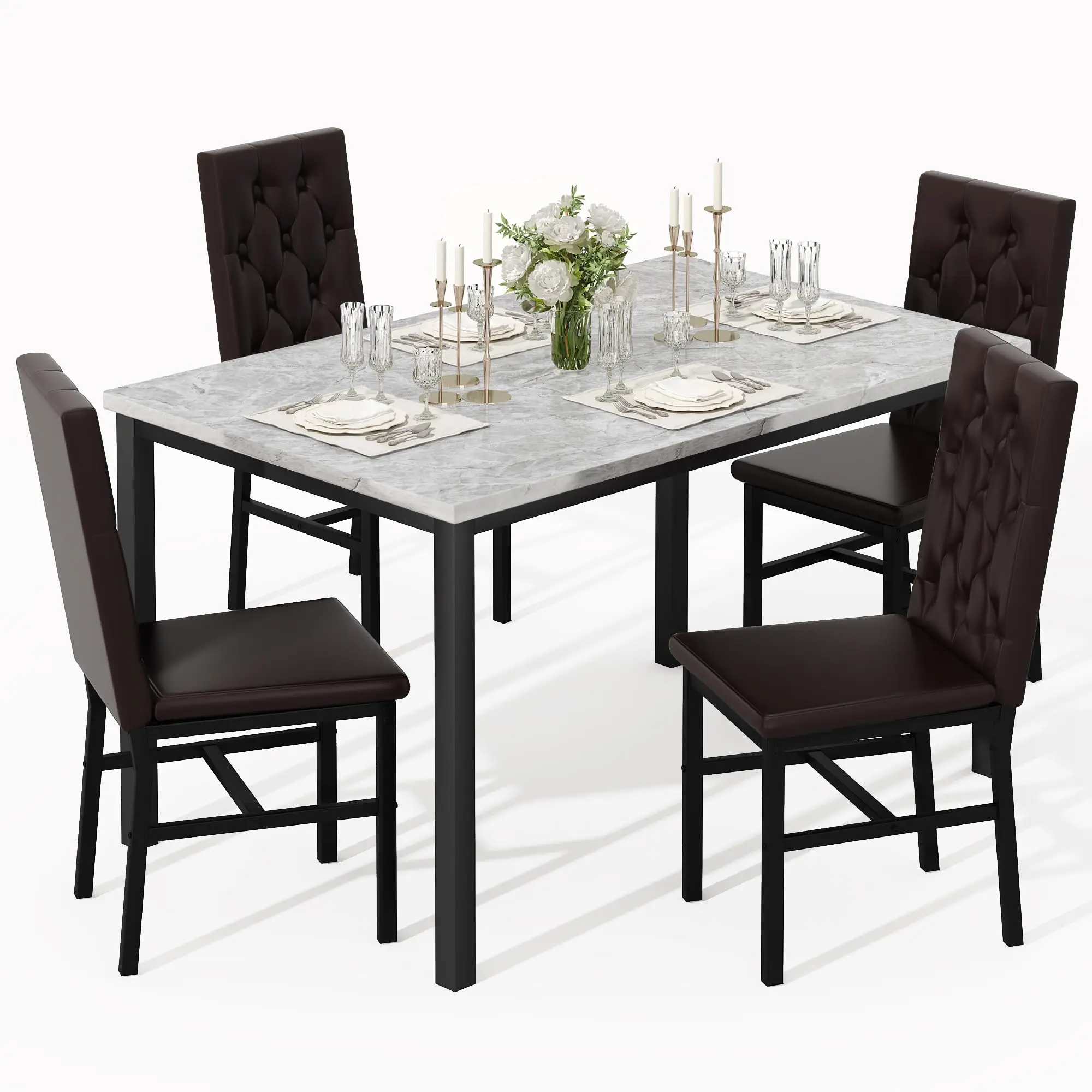 Hooseng Dining Table Set for 4, Faux Marble Small Kitchen Table Chairs Set of 4 with Luxurious Button Tufted Dinner Chairs — Blue