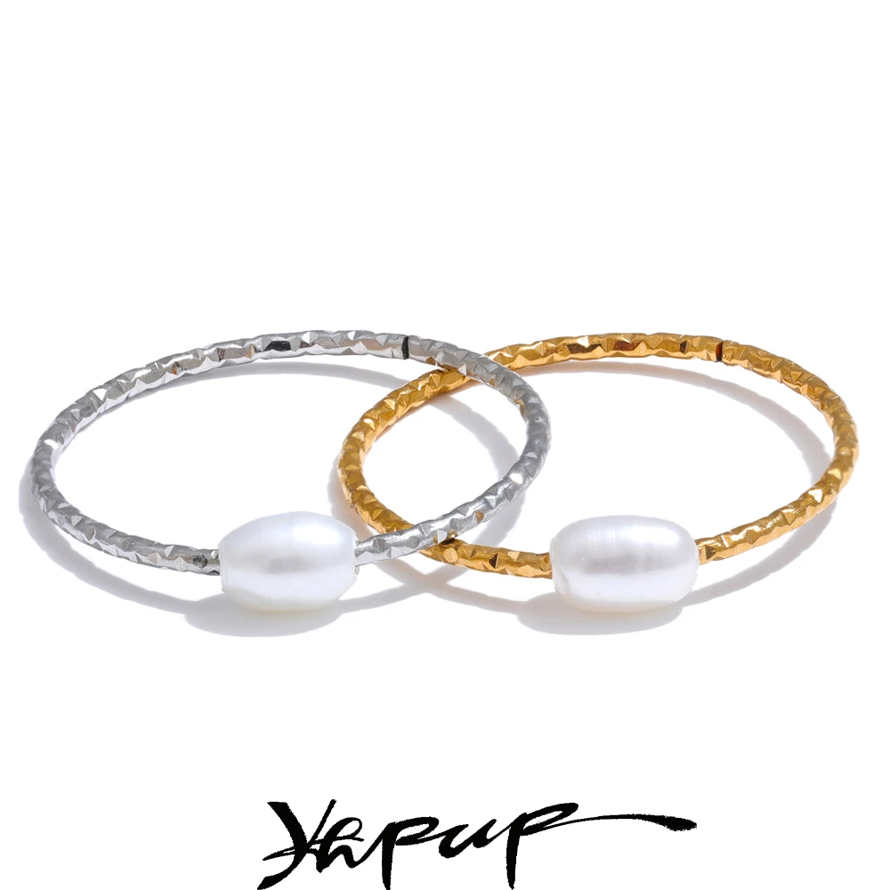 Yhpup Stainless Steel Pearl Ring for Women