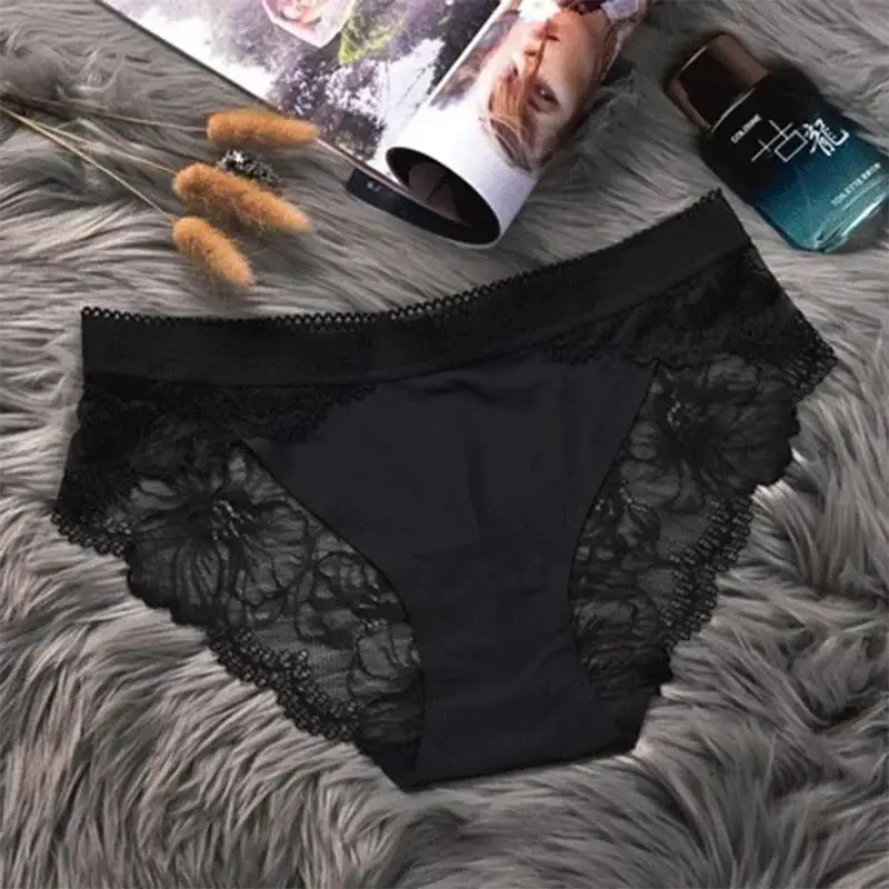

3pcs Women's Sexy Lace Panties Fashion Black Ice Silk Lace Seamless Middle Waist Hollow Out Comfortable Skin-friendly Briefs