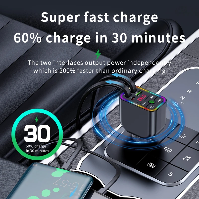 Wireless In-car MP3 Player with 2 Retractable Cables Fast Charger 7-Colors Led Music Player Hands Free Call Car Charger Adapter