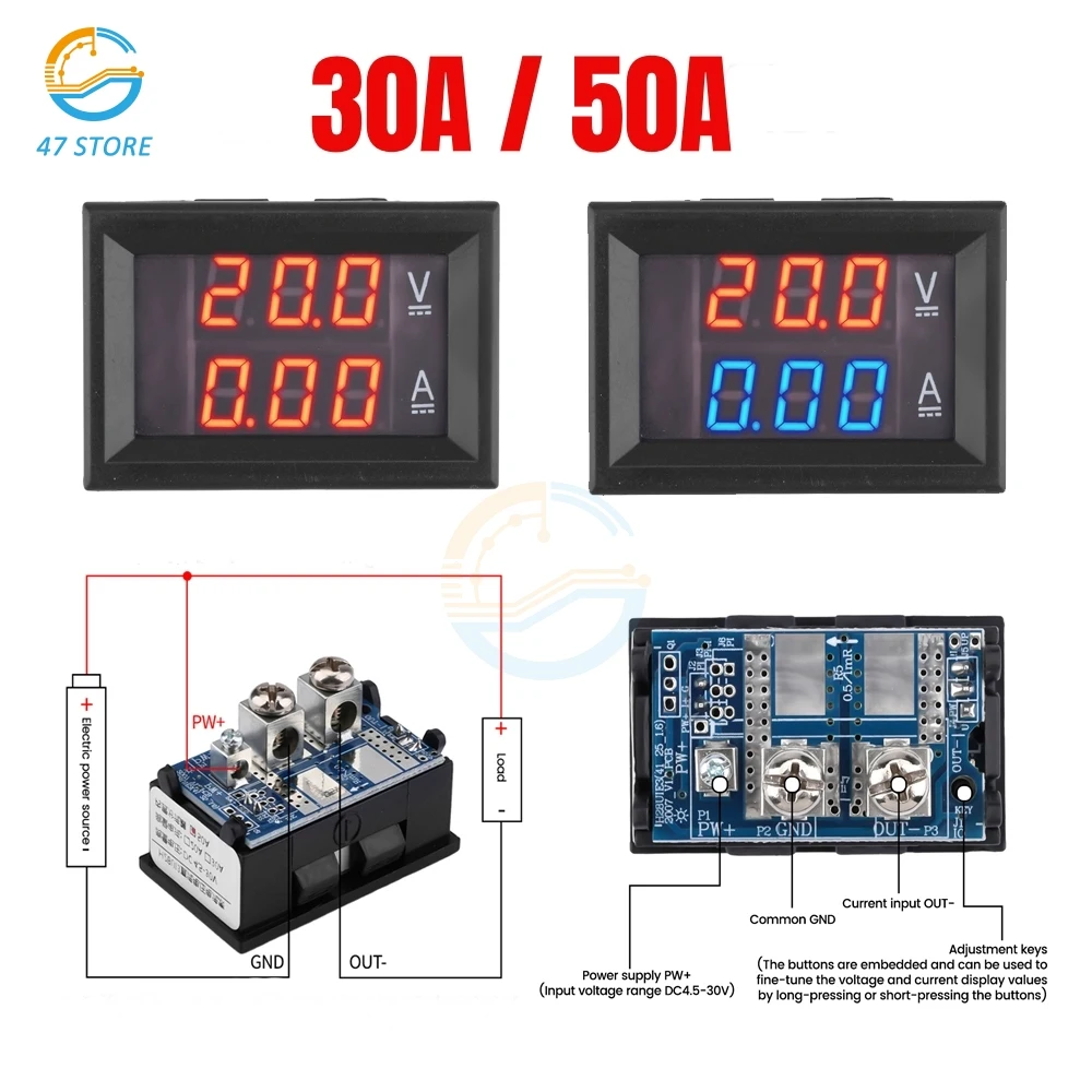 

0.28" Digital Voltmeter Ammeter DC 4.5-30V 30A 50A 3-digit Blue+Red Dual LED Display Built-in Shunt with Trimmer Voltage Meter