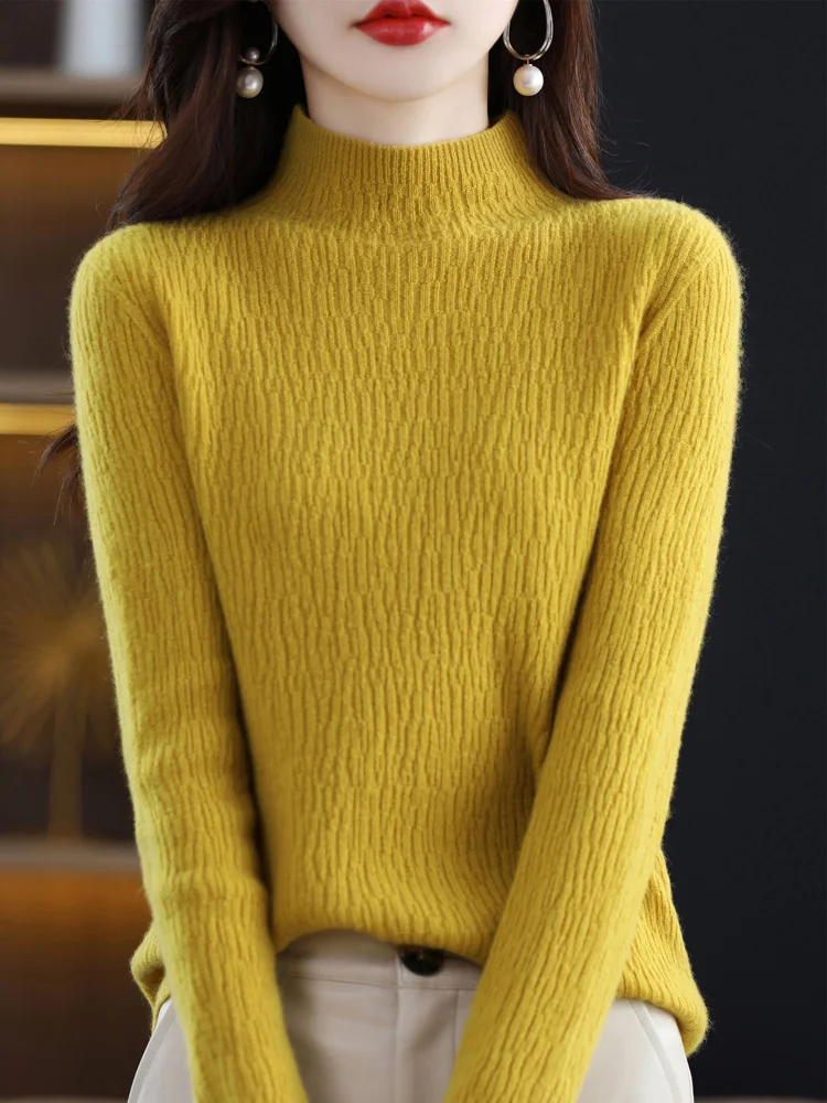 

2023 New Autumn Winter Women Sweater 100% Merino Wool Basic Bottoms Mock Neck Pullovers Long Sleeve Cashmere Knit Korean Fashion