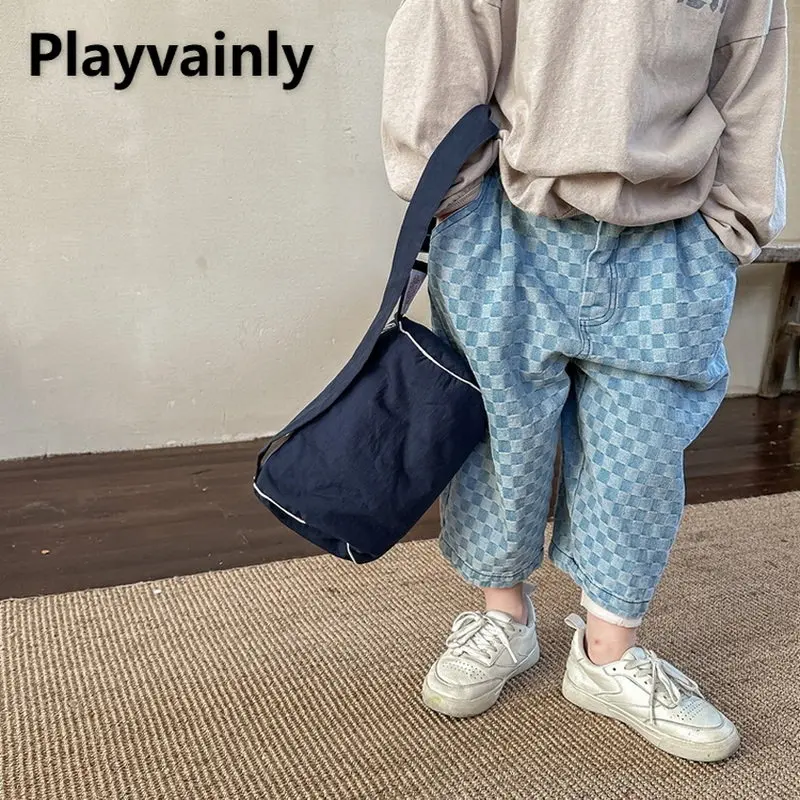 

New Spring Baby Boy Girl Pants Blue Black Plaid Elastic Waist Capri Pants Leisure Cotton Pants Baby Clothes E123066