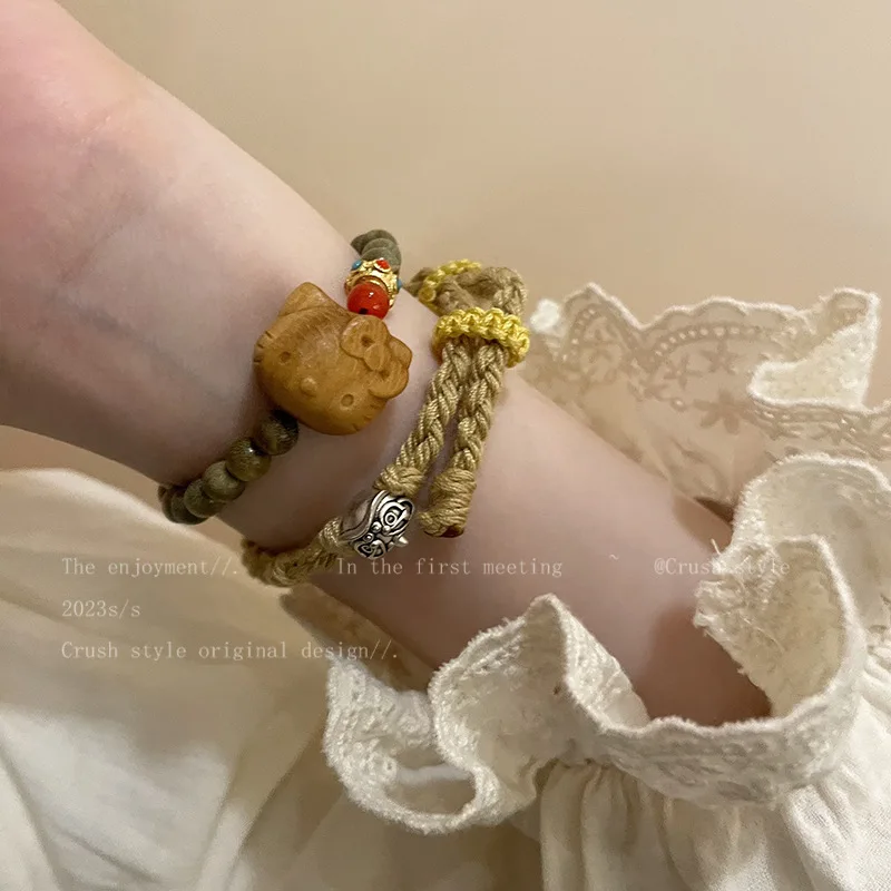 

Chinese Style Wooden Bracelet Kawaii Sanrio Hello Kitty Cute Cartoon Green Sandalwood Kt Cat Bracelet Sen Series Retro Kid Gifts