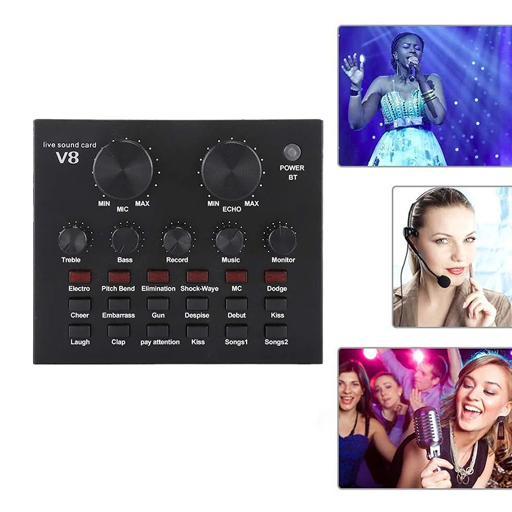 V8 Sound Card Audio Set Interface External Usb Live Microphone Sound Card Bluetooth Function For Computer Pc Mobile Phone Singin audio interface mixer soundcard microphone