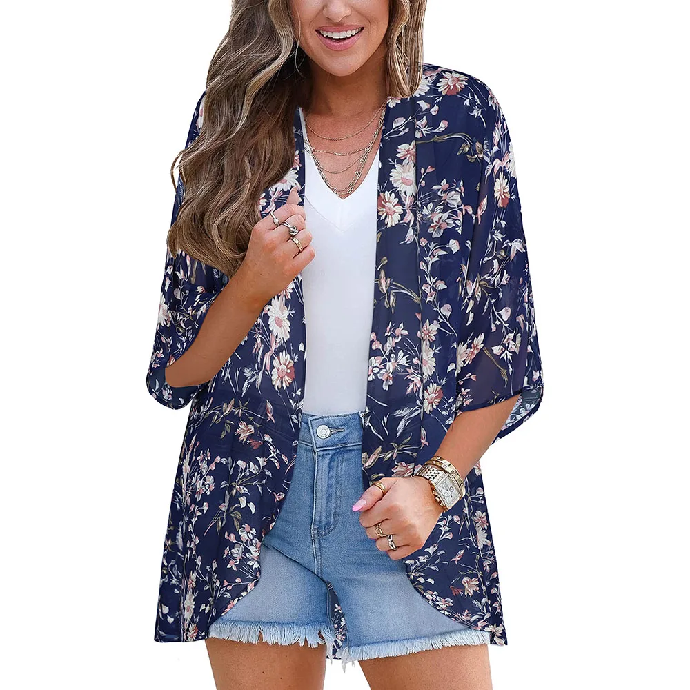 Summer Beach Chiffon Cover Ups Kimono Cardigan Shirt Trendy Breathable Half Sleeved Tops Short Sleeves Beach Swimwear For Female