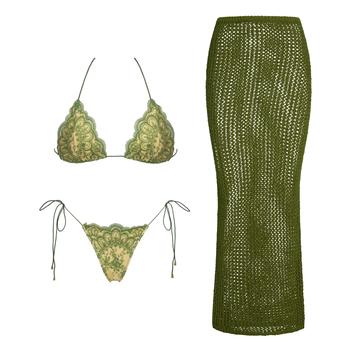 Elf Green Polka Dot Camisole Bikini Top with Matching Mini Skirt Set