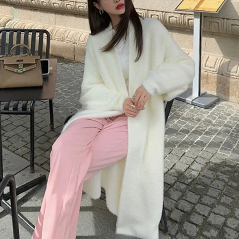 

MUXI-Women's Long Knitted Cardigan, Fluffy Long Sleeved Sweater, Warm Jacket, Casual Style, Commuting, White, Traf