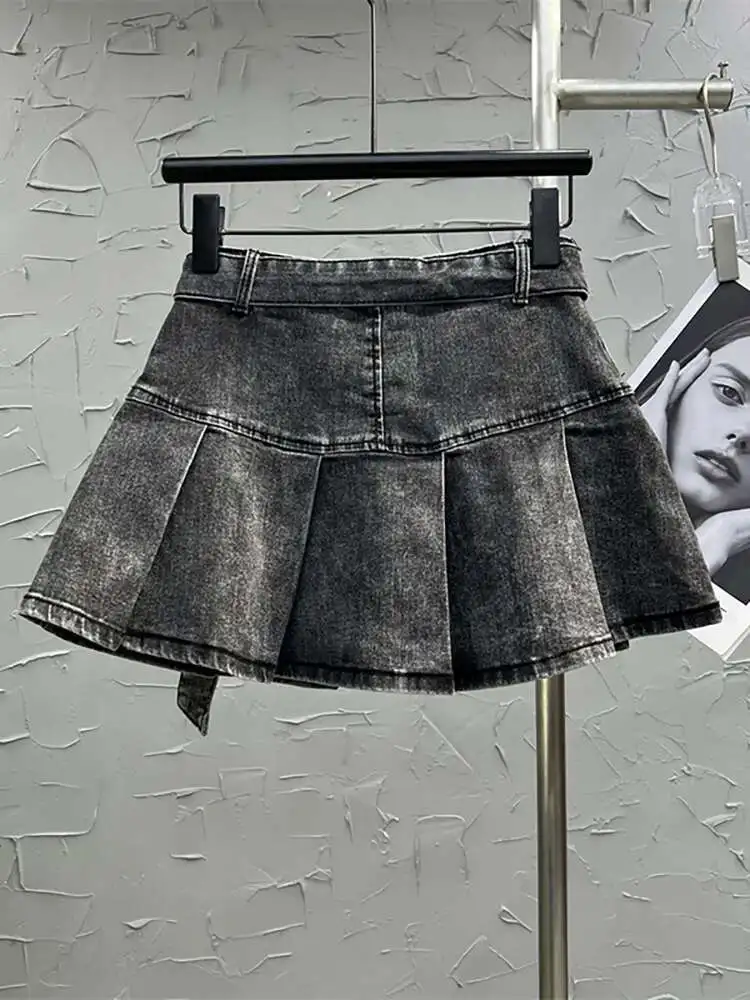 DEAT Women's Denim Skirt Belt With 3d Pockets Solid Color