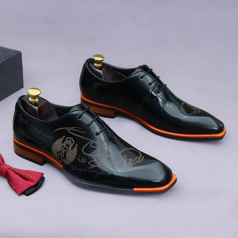 Embossed Printed Business Formal Cowhide Men's Oxfords Genuine Leather Casual Lacquered Shiny British Shoes