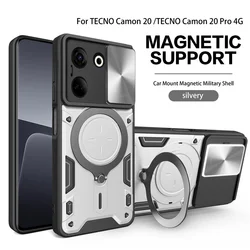 Magnetic Car Holder Ring Armor Phone Case with Slide Lens Protector for Camon 20 Pro - 4G (Silver)