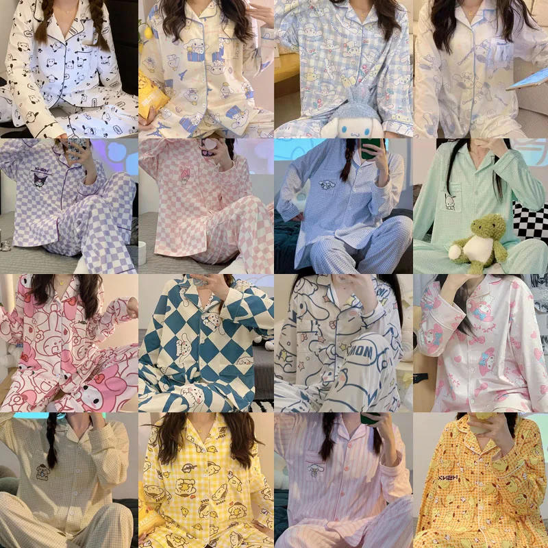

Cartoon Sanrios Hello Kittys Pajamas Fresh Kawaii Simple Girl Spring Autumn Long Sleeves Cardigan Lapel Lattice Loungewear Set