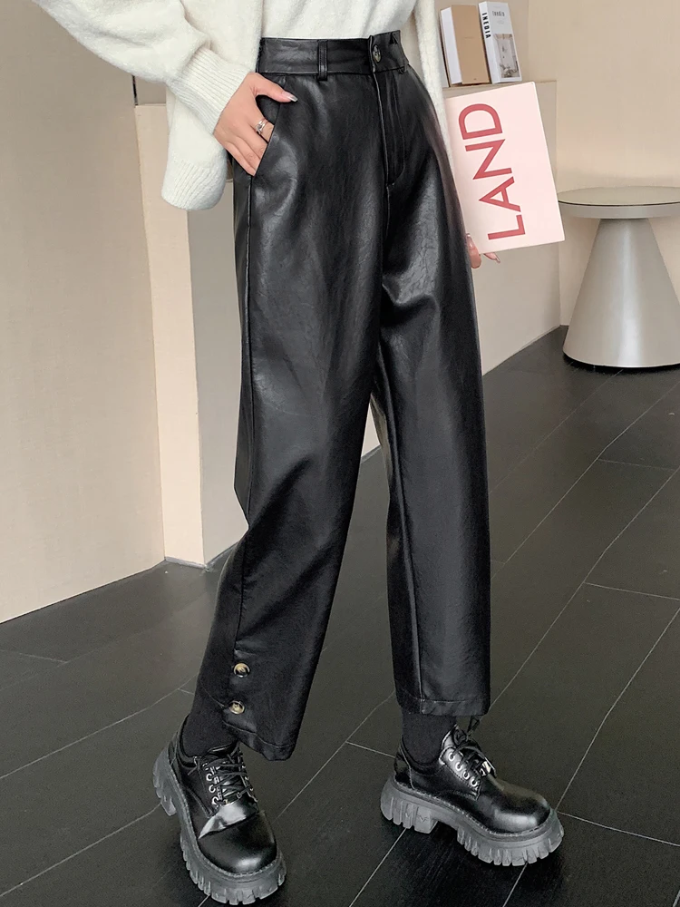 

New 2023 Autumn Winter Women Pants PU Leather Pants Loose Wide Leg Pants Feet Pants High Waist Female Trousers