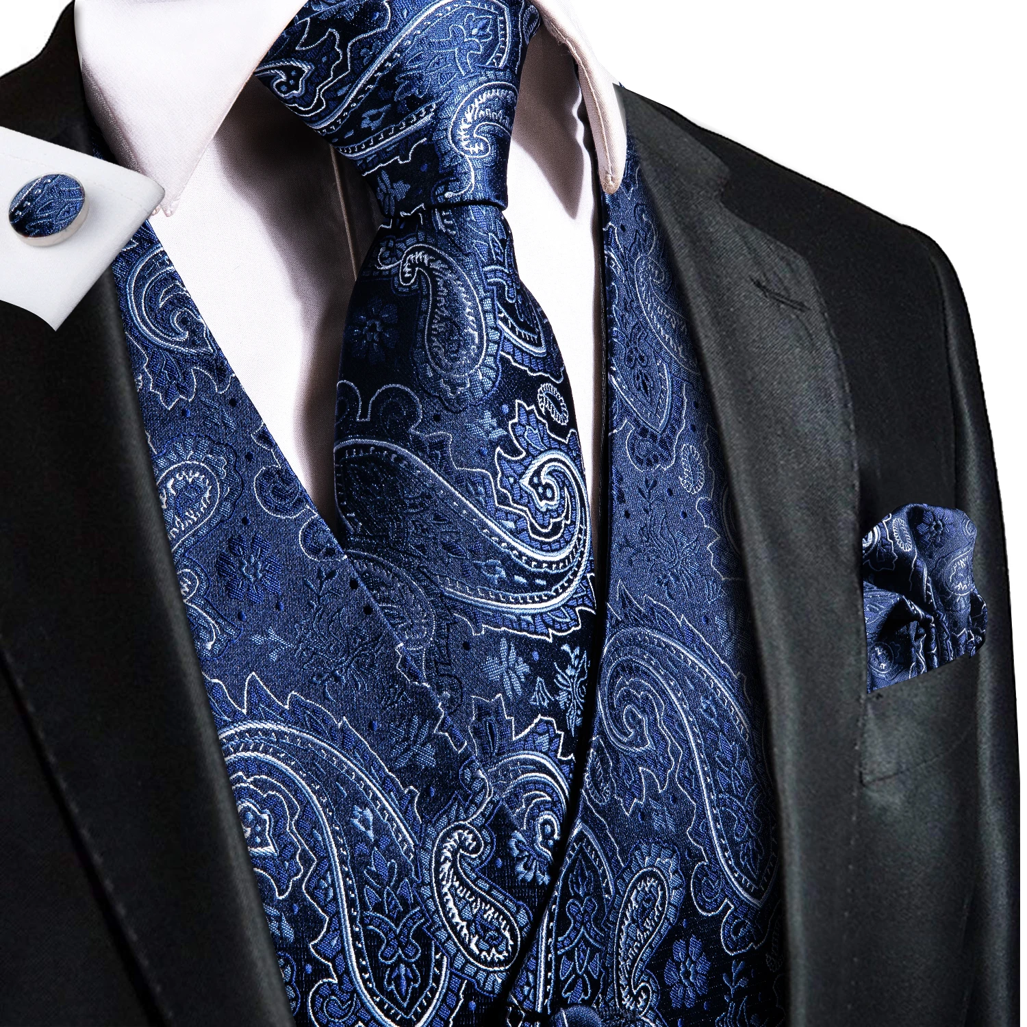Hi-Tie Navy Blue Mens Vest Formal Silk Paisley Waistcoat Jacket Tie Handkerchief Cufflinks Set For Male Dress Suit Wedding Party dress vests