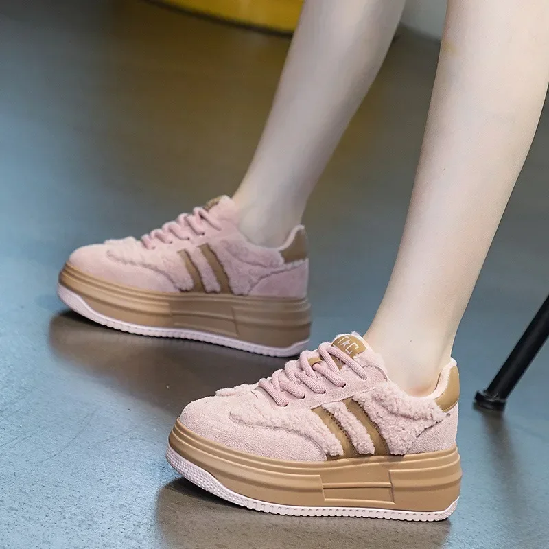 6CM 핑크 천연  가죽 패션 통기성 캐주얼 여성 신발 플랫폼 따뜻한 플러시 겨울 가을 편안한 발목 부츠