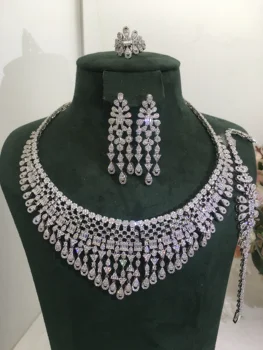 2pcs Bridal Zirconia Full Jewelry Sets For Women Party, Luxury Dubai CZ Crystal Wedding necklace sets