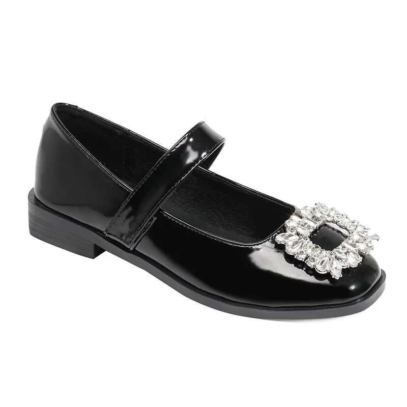 2023 Spring Autumn New Fashion Square Head Rhinestones Patent Leather Flat Heel Shallow Mouth Sweet Mary Jane Shoes 34-43