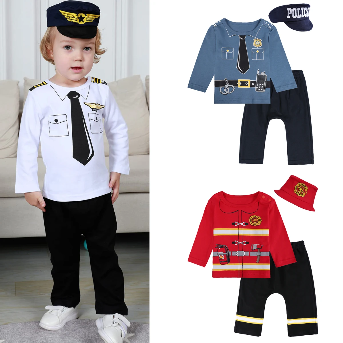 Kids Cosplay Costume Baby Boys Pilot Costumes Firefighter Clothes Infant Police Cosplay Party Outfits Set Sports Long Pants with Hat Carnival Costume