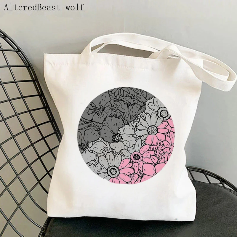Women Shopper bag Demiromantic pride Flowers Kawaii Bag Harajuku Shopping Canvas Shopper Bag girl handbag Tote Shoulder Lady Bag