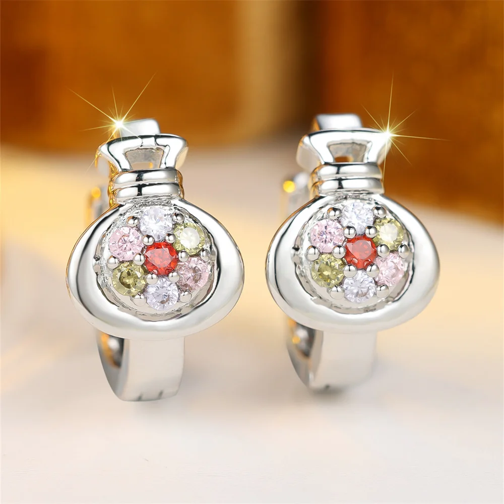 Multicolor Zircon Rainbow Crystal Flower Round Hoop Earrings For Women Vintage Gold Silver Color Ear Buckle Wedding Jewelry Gift