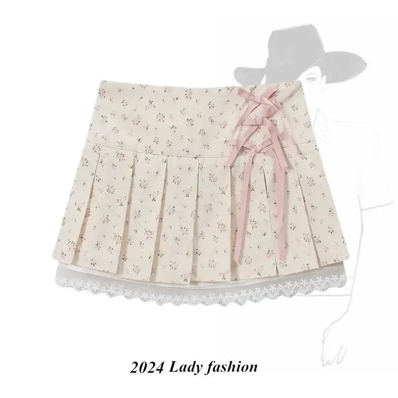 Japanese Sweet Y2k Mini Skirt Women Preppy All Match Slim Waist Tie Up Bow Lace Ruffles Pleated Skirt Faldas Mujer Moda 2024