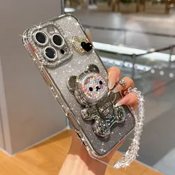 Colorful Bead Bear Stand with Shiny Electroplated Soft Cardstock Case and Bead Chain - iPhone 15 Plus (Silver)