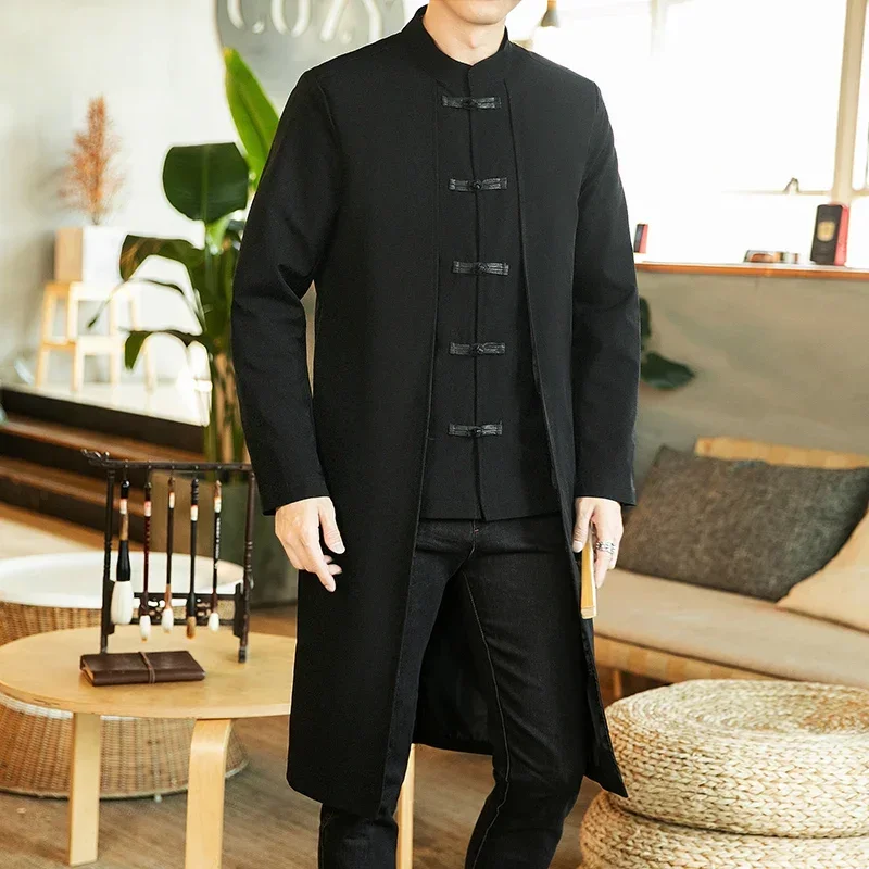 Chinese Style Tops News Coat Linen Embroidery Crane Casual Long Gown New Year Clothes Traditional Chinese Clothing for Men