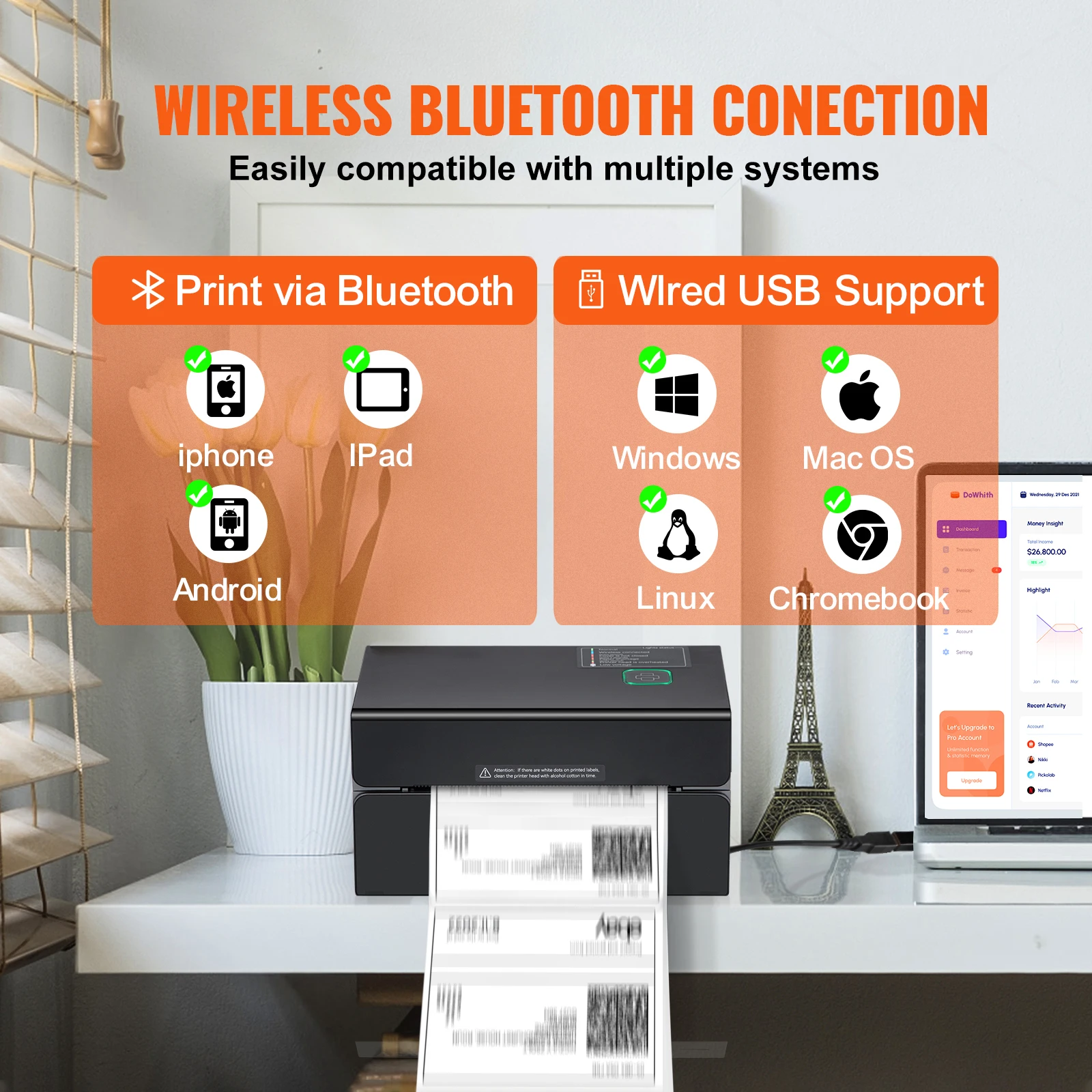 SucceBuy Thermal Label Printer Portable 300DPI for 4x6 Mailing Packages Printing w/ Bluetooth & Automatic Label Recognition 3