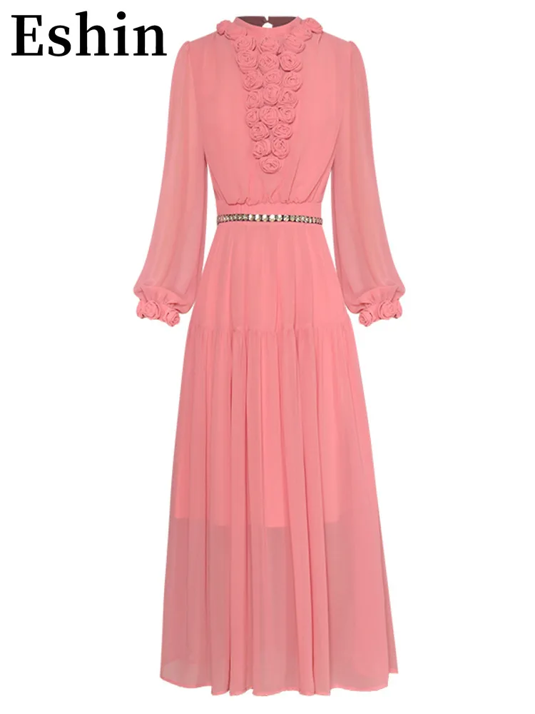 

Eshin Round Neck Three-dimensional Flower Lantern Long-sleeved Lace Up Waist Elegant Big Swing Princess Style Dress TH3962