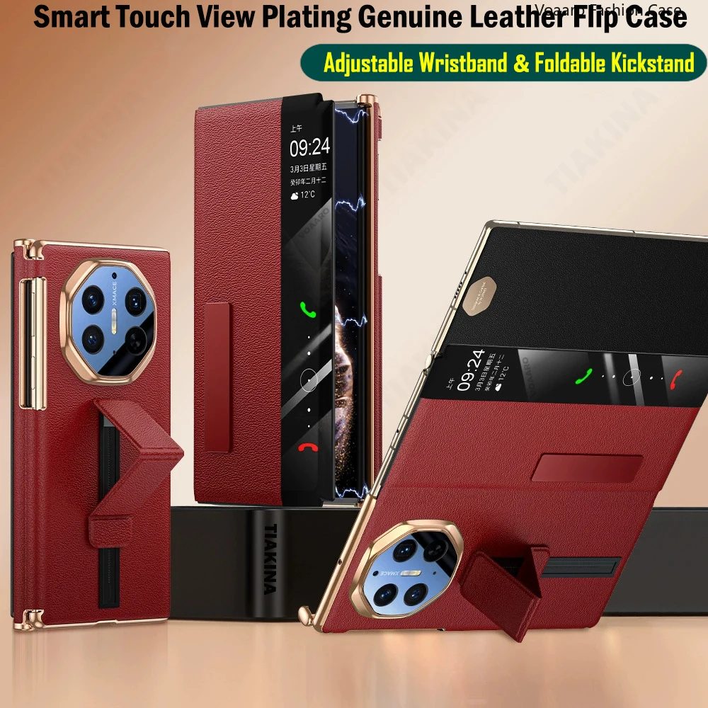 Genuine Leather Smart Touch Flip Case with Adjustable Wristband and Kickstand