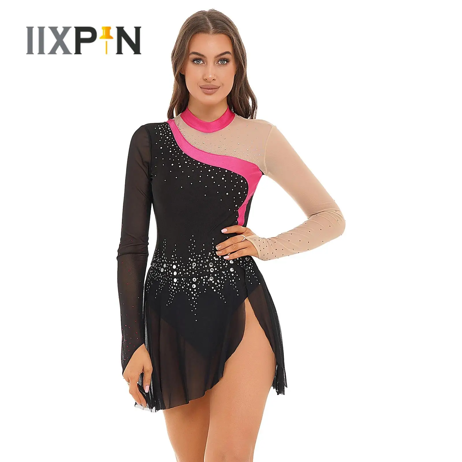 

Womens Ballet Dance Dress Figure Skating Lyrical Dance Performance Costume Sparkling Rhinestone Long Sleeve Sheer Mesh Dresses