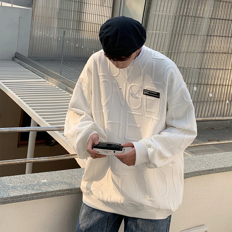 

O-neck Long-sleeved Sweatshirts Men Loose Casual Sports Embossed Letters Solid Color Pullover Street Trend Fashion Men's Clothes