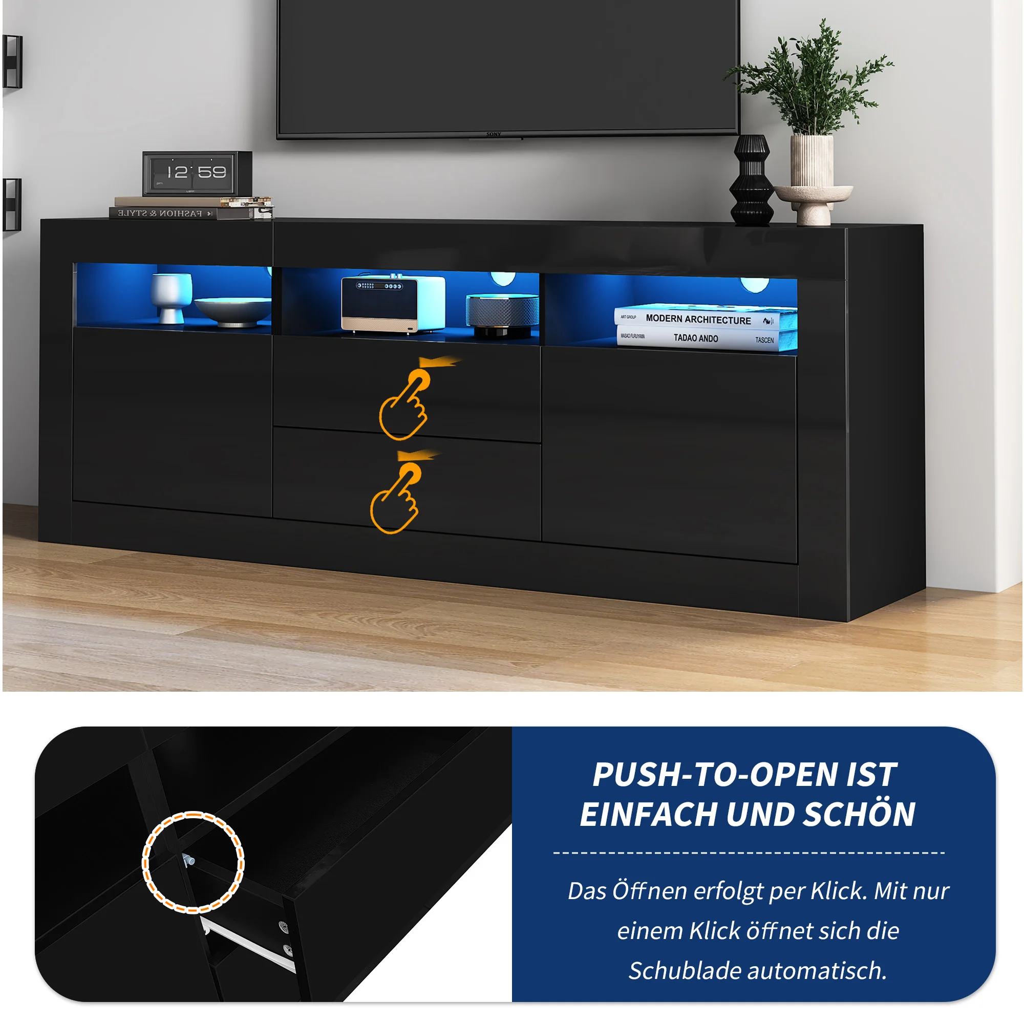 KOMHTOM Hochglanz-TV-Schrank- Mit LED-Beleuchtung, 3 offenen Fächern, 2 Türen und 2 Schubladen, für 70-Zoll-Fernseher – Detail 8