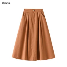 

Women's Basic One Button Midi Skirt With Pockets Female High Waist Cotton Blend Zipper Pleated A-Line Skirts 2022 Spring K27