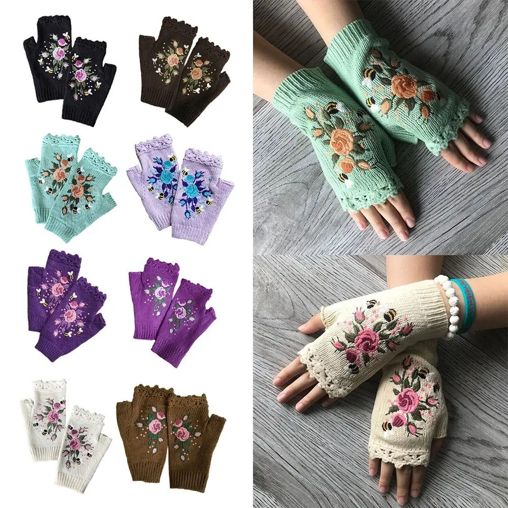 

Floral Bee Embroidery Knitted Fingerless Gloves Comfortable Keep Warm Thumb Holes Flower Mittens Wrist Length Mittens Winter