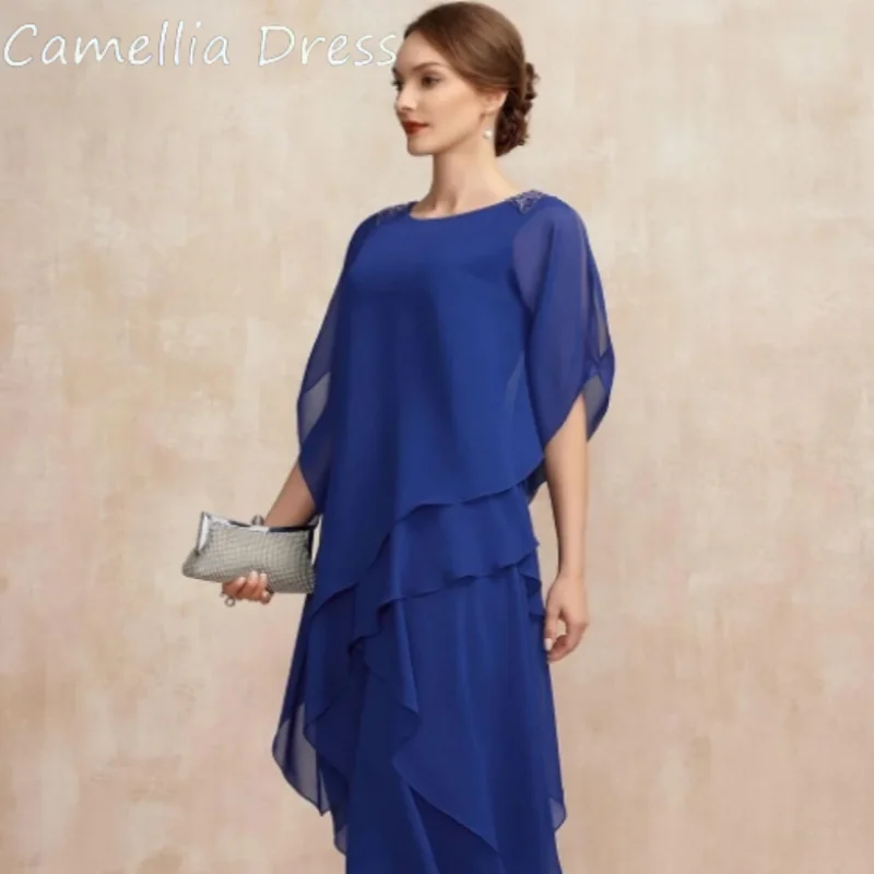 Elegant Mother of the Bride Dresses Zipper Beaded Tea Length Chiffon Party Dresses Back Simple O Neck
