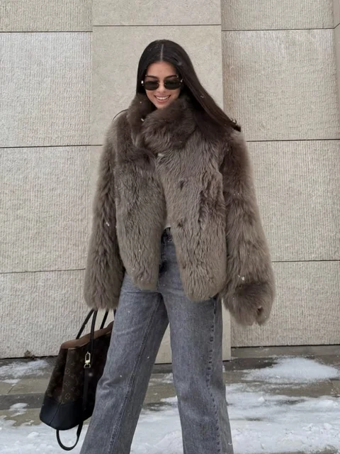 Winter Women Warm Faux Fur Coats Fashion Browns Long Sleeve Stand Collar Short Jackets 2025 Lady High Street Commute Outerwear 4