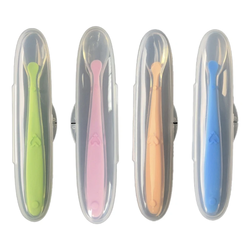 Baby Soft Silicone Spoon with Storage Box Children Feeding Learning Training Feeder Utensils