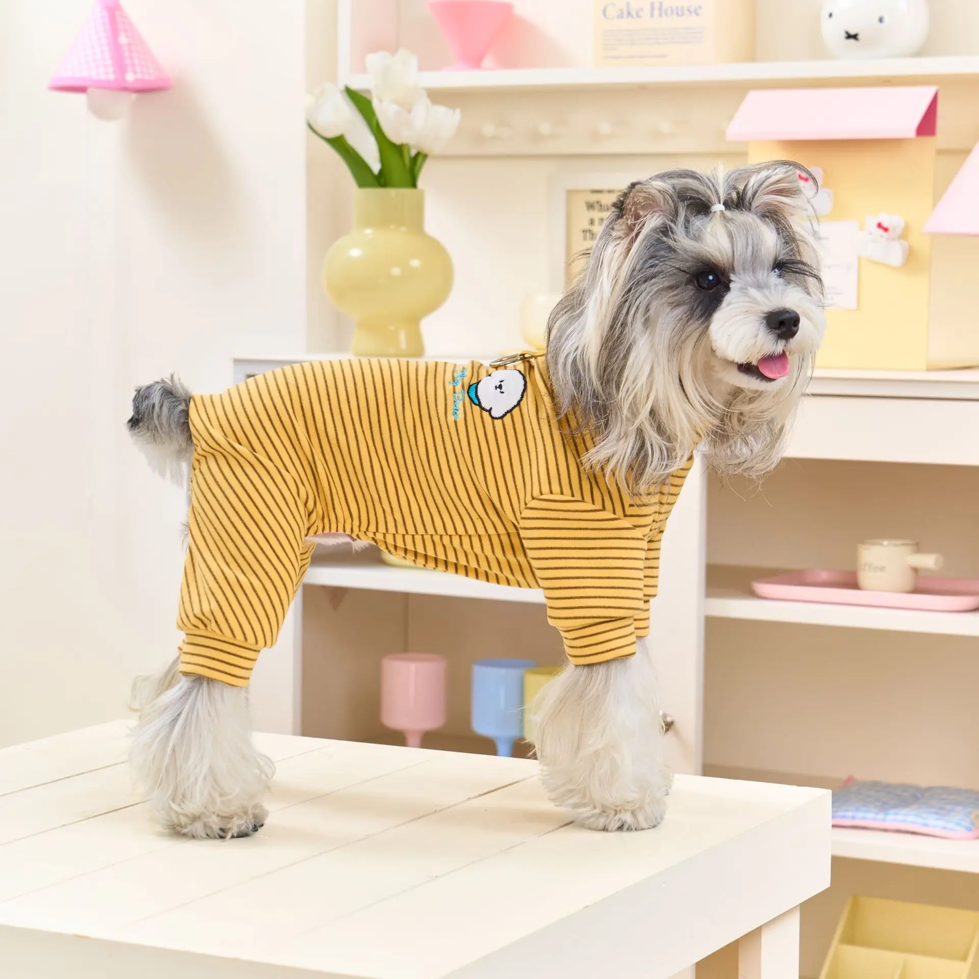 Randig hundpyjamas i fleece vinteroverall för hundar_voghion.com