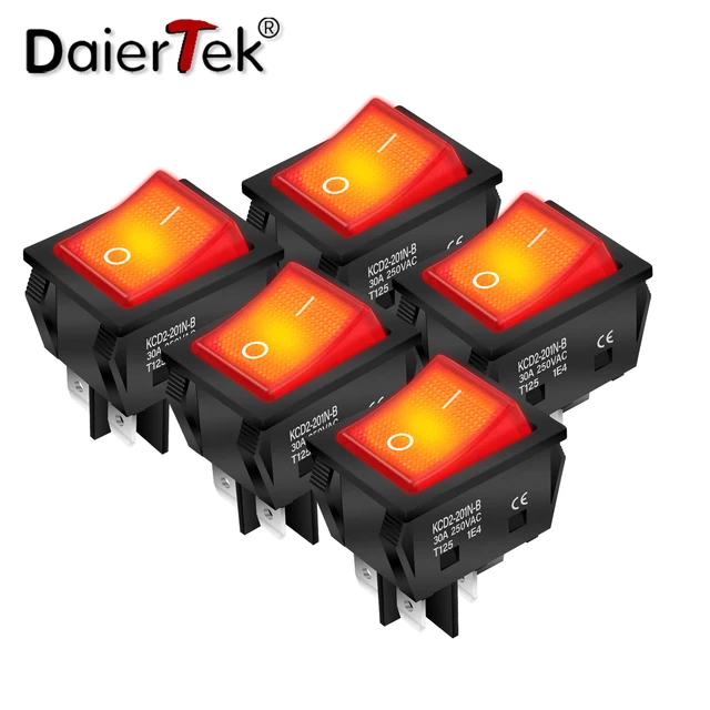 DaierTek 5PCS 30A 250V Heavy Duty KCD4 Rocker Switch on/off DPST 4 Pin with Red Lighted 220V Toggle Switch T125 Save 82%!