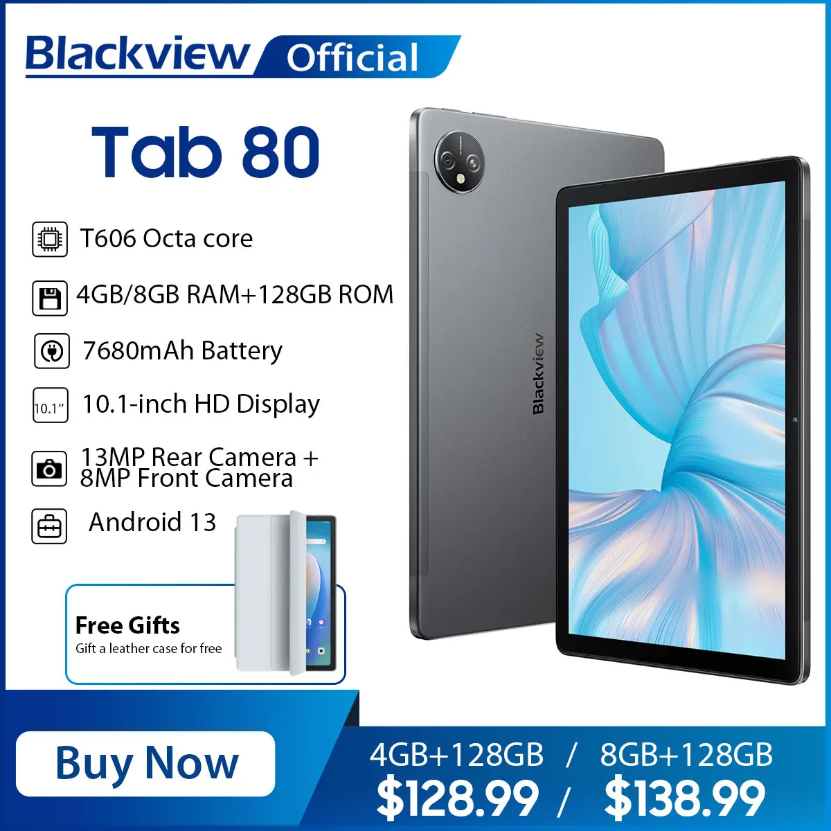 Blackview Tab 80 LTE Tablet 10.1 Pollici, UNISOC T606, 4GB RAM 64GB, Android 13, Wi-Fi, GPS, Blu