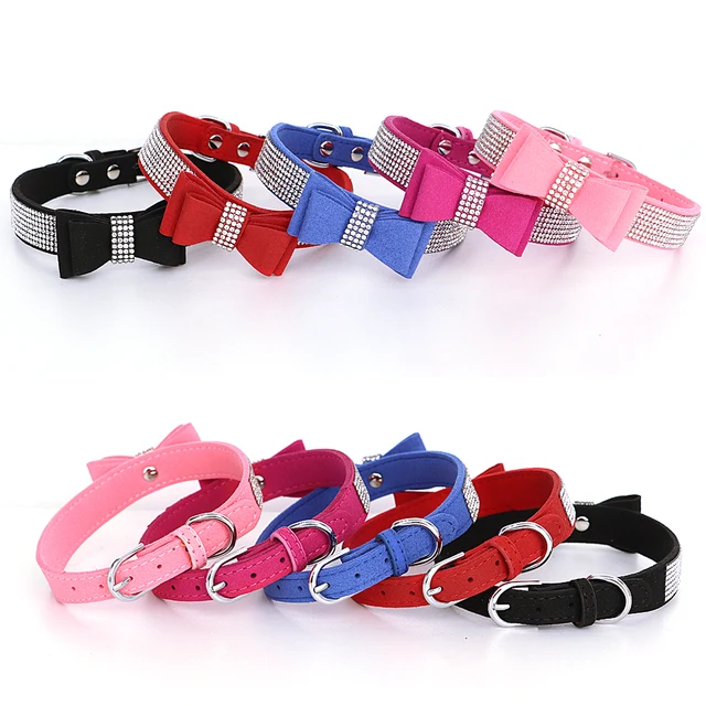 Bling Rhinestone Dog Collar Cute Bowknot Puppy Cat Collars Soft Padded Pet Necklace With Bowtie Warm For Small Dogs Chihuahua 2