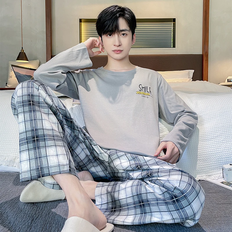 

Spring Autumn Full Cotton Men's Pyjamas Plaid Pants Pajamas Set Casual Male Sleepwear Night Pijama Hombre Big Yards 4XL Homewear