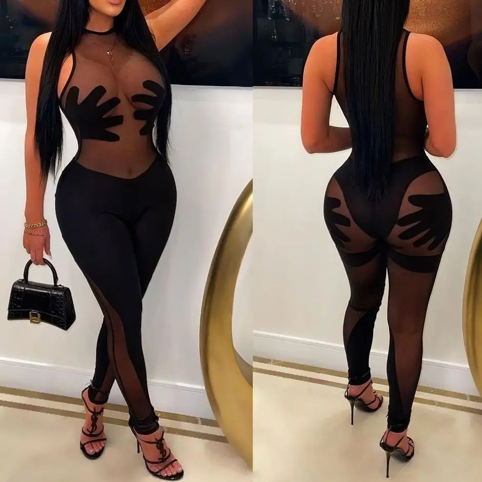 Plus Size Mesh Jumpsuit See Through Sleeveless One Piece Outfit Women Sexy Pencil Pants 2023 Summer Female Fashion Jumpsuits